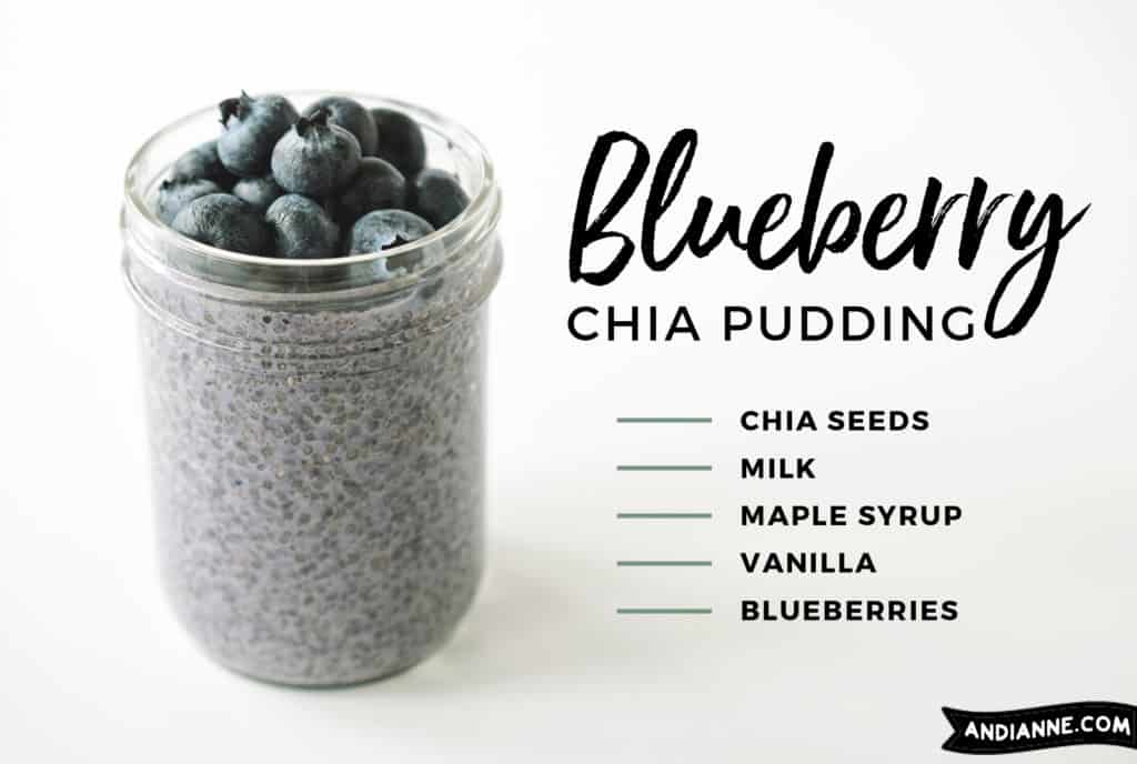 blueberry chia pudding in mason jar with ingredients in text
