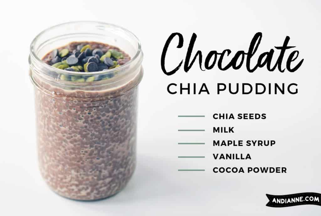 chocolate chia pudding in mason jar with ingredients in text