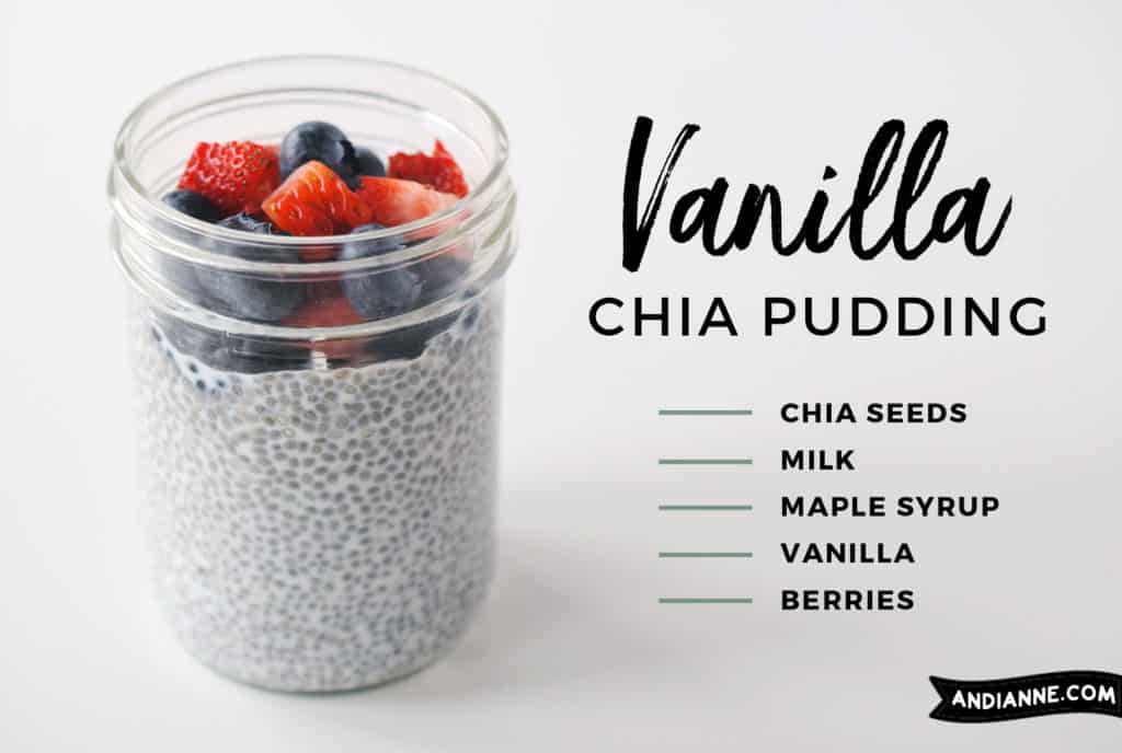 vanilla chia pudding in mason jar with ingredients in text