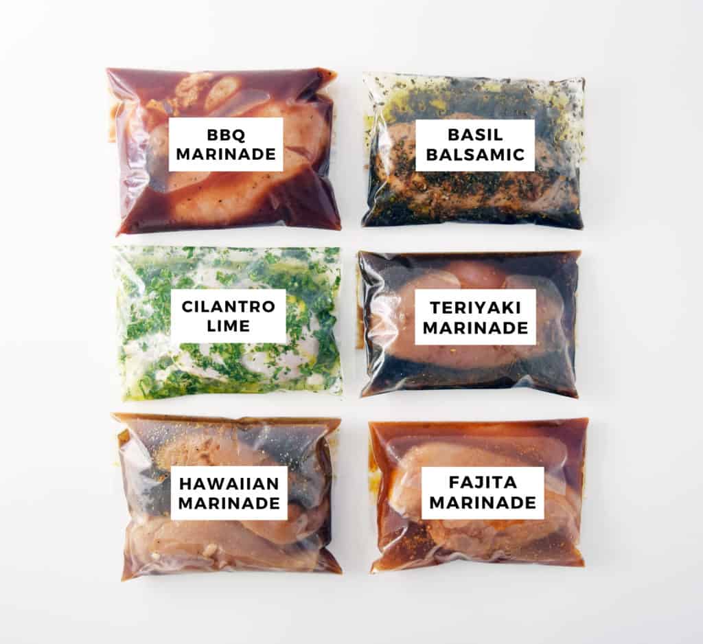 six healthy chicken marinades in bags with chicken breasts