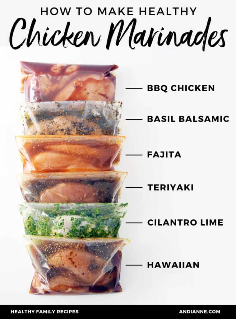 stacked chicken marinades with text describing each flavor including, bbq chicken, basil balsamic, fajita, teriyaki, cilantro lime, and hawaiian