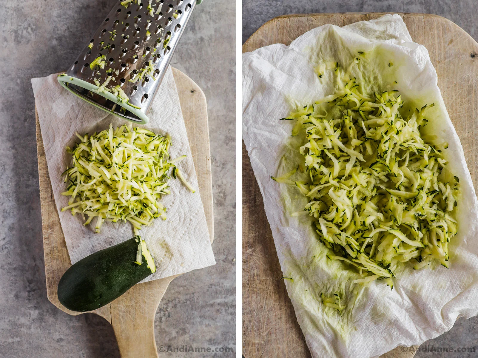 Shredded zucchini on paper towel beside a cheese grater.