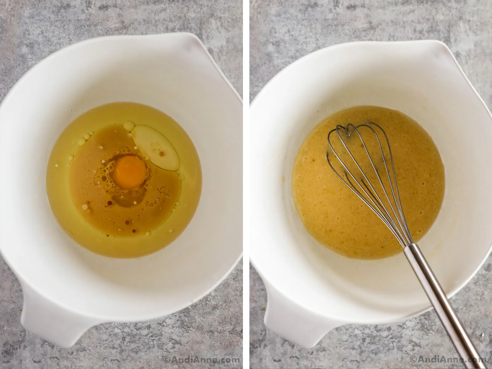 A bowl of liquid ingredients with a whisk.