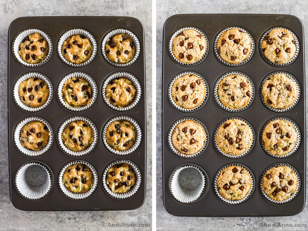 Unbaked muffins in muffin pan then baked muffins.