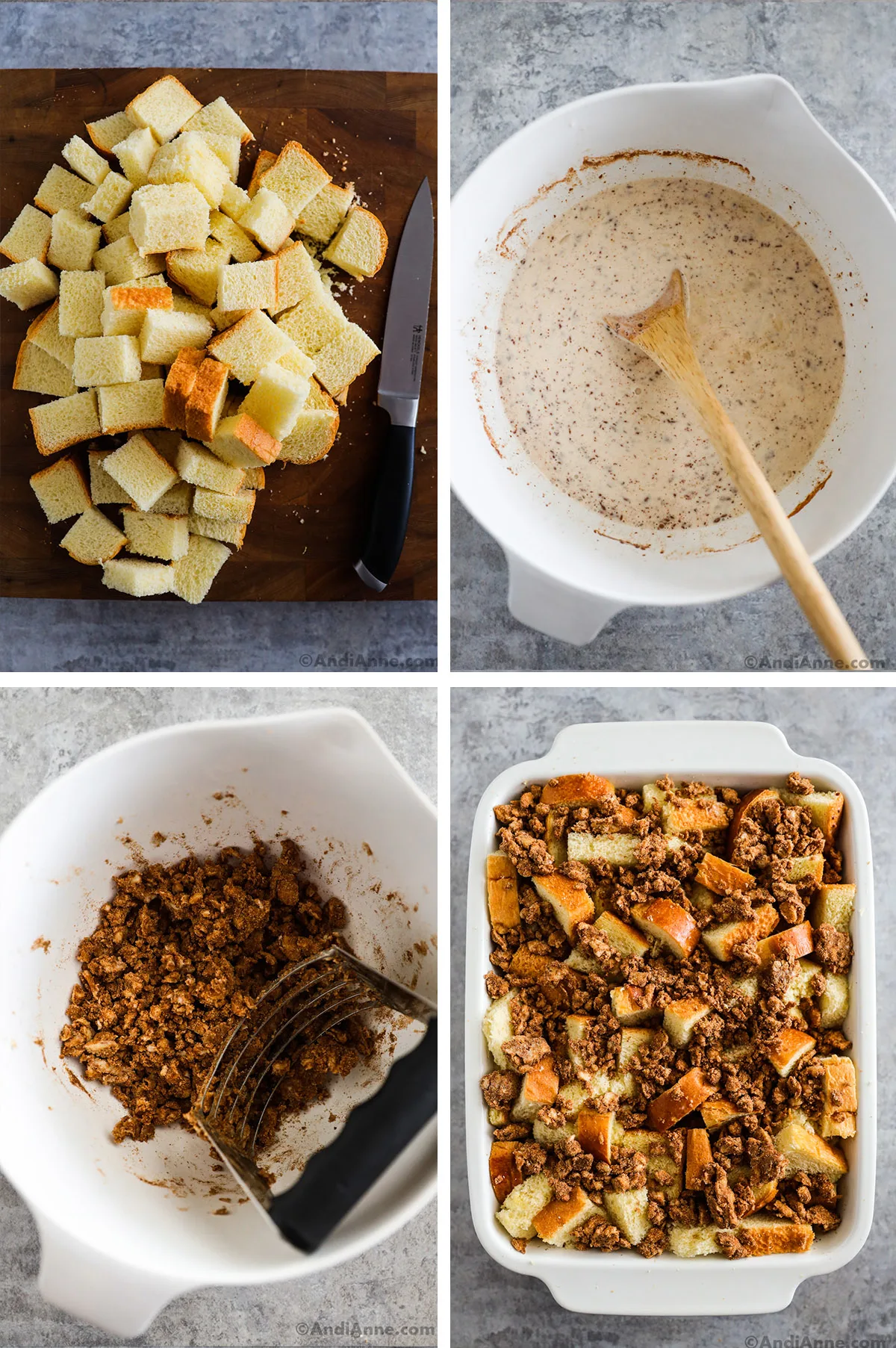 Four images grouped together. First is cubes of bread with a knife on cutting board, second is bowl of cinnamon and milk, third is crumbled butter mixture in a bowl, fourth is casserole dish with unbaked french toast recipe inside.