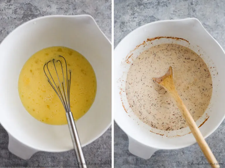 Two images of a white bowl, first with a whisk and yellow liquid. Second with white liquid and wood spoon.