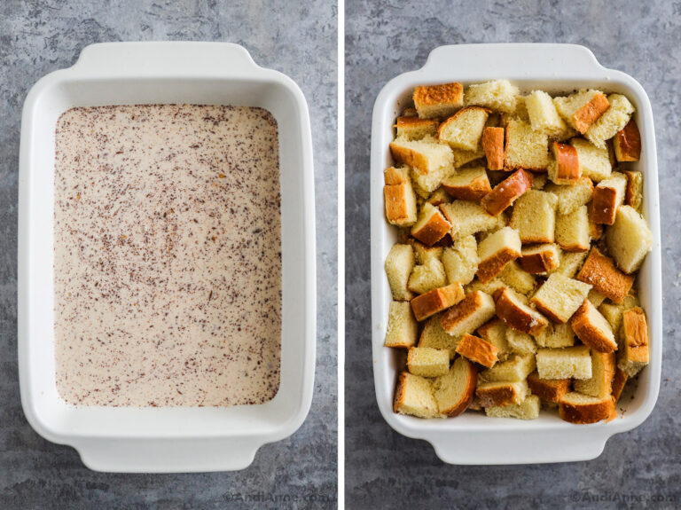 Two images of a white casserole dish. First with white and brown liquid mixture. Second with cubes of bread inside.