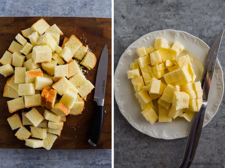 Two images, first is cubed bread on a cutting board with a knife. Second is cubed cold butter on a plate.