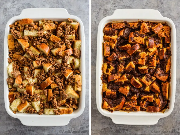Two images of french toast casserole. First is unbaked, second is baked.