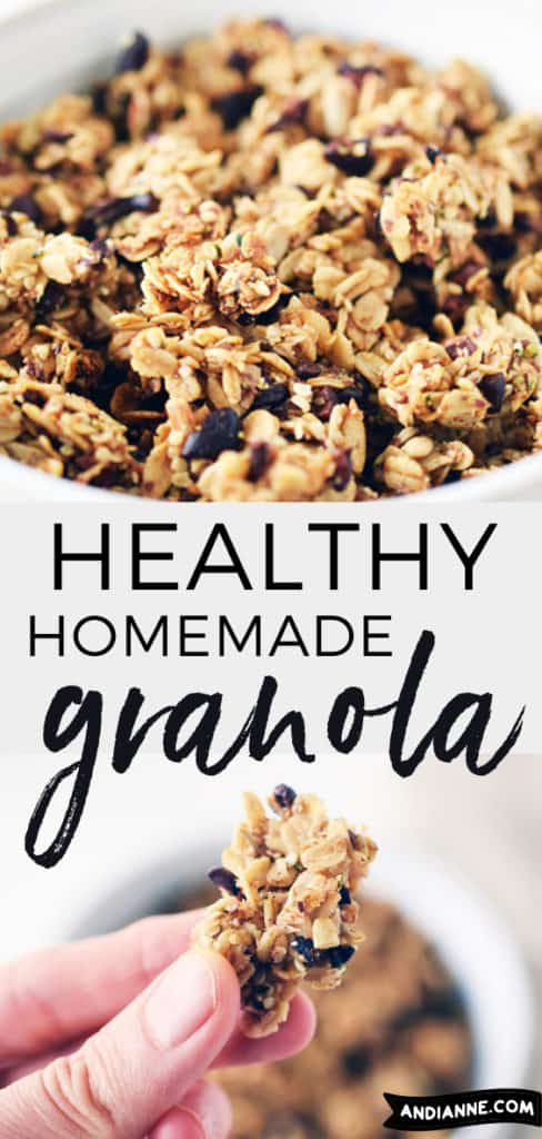 homemade granola in white bowl and close up of fingers holding granola piece
