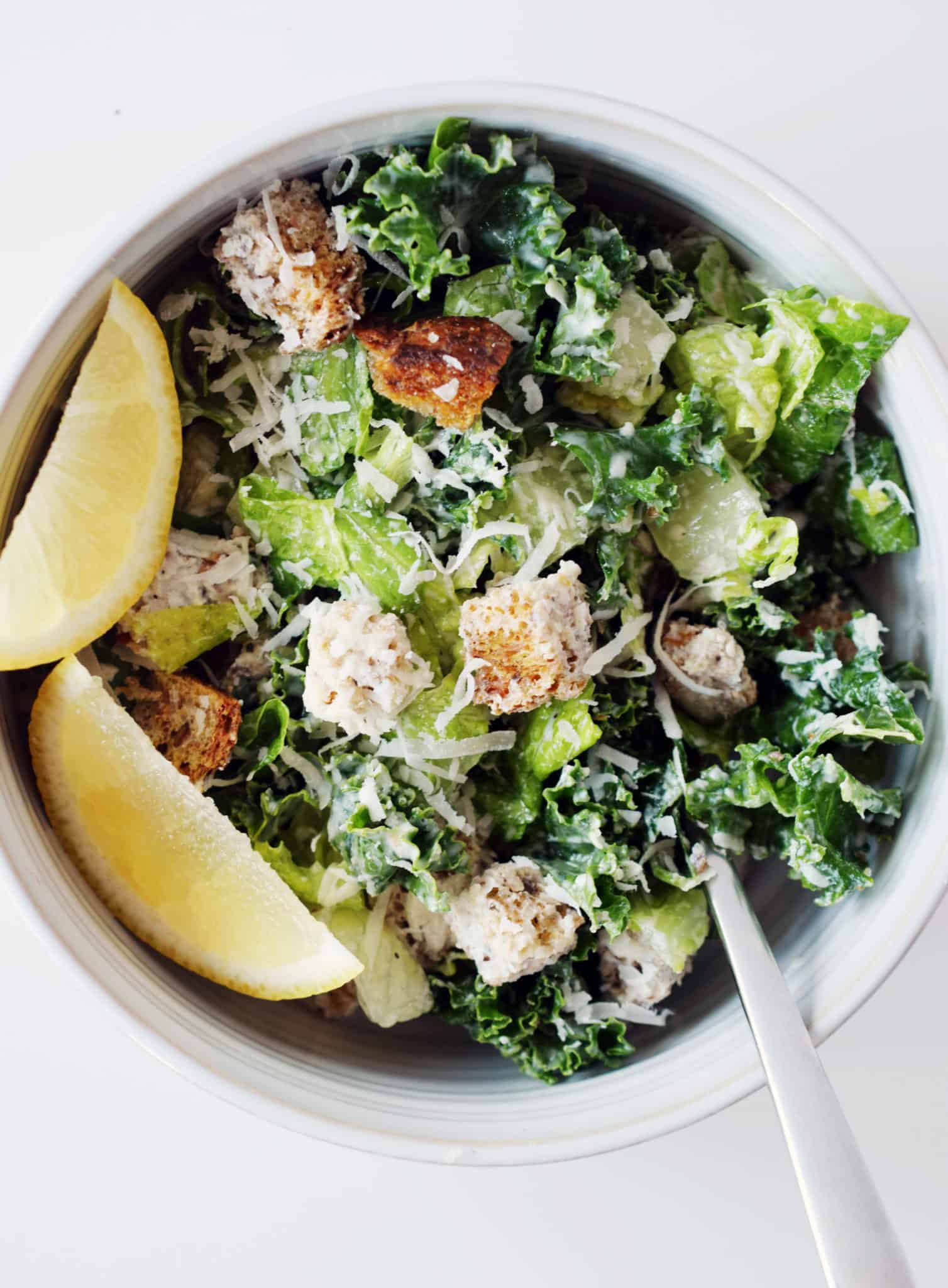 Kale Caesar Salad with Croutons and Caesar Dressing
