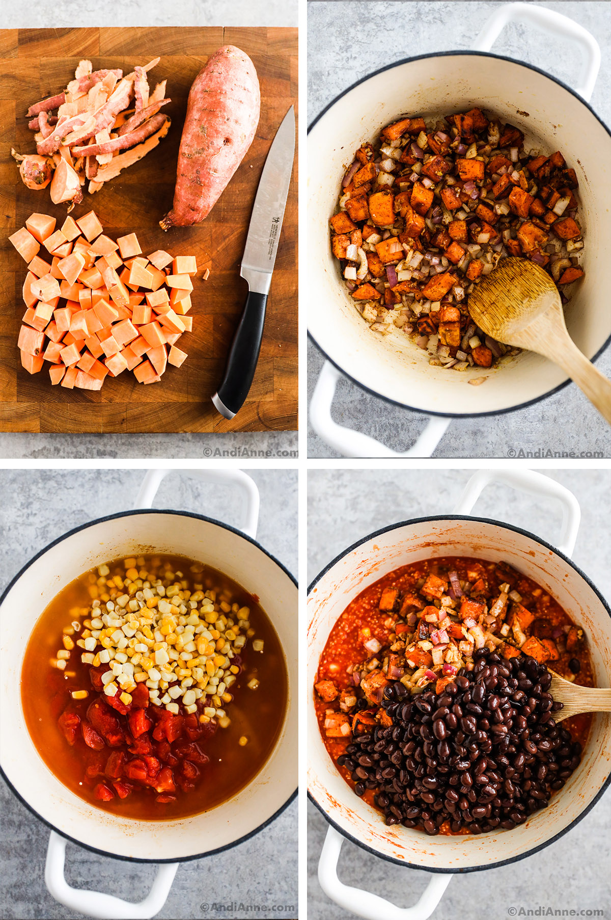 Four images of steps to make recipe. First is chopped sweet potatoes on cutting board with knife. Second is cooked sweet potato and onion in spices in a pot. Third is frozen corn and diced tomatoes with liquid in a white pot. Fourth is black beans and cooked sweet potato in liquid in white pot. 