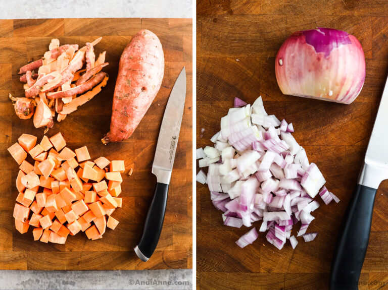 Peeled and cubed sweet potato and chopped red onion on a cutting board with knife.