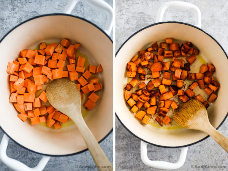 Two images of a white pot, first with chopped raw sweet potato. Second with cooked sweet potato.