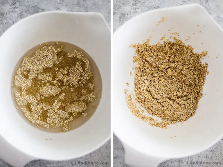 Two images of a white bowl, first with quinoa covered in water. Second with drained quinoa.