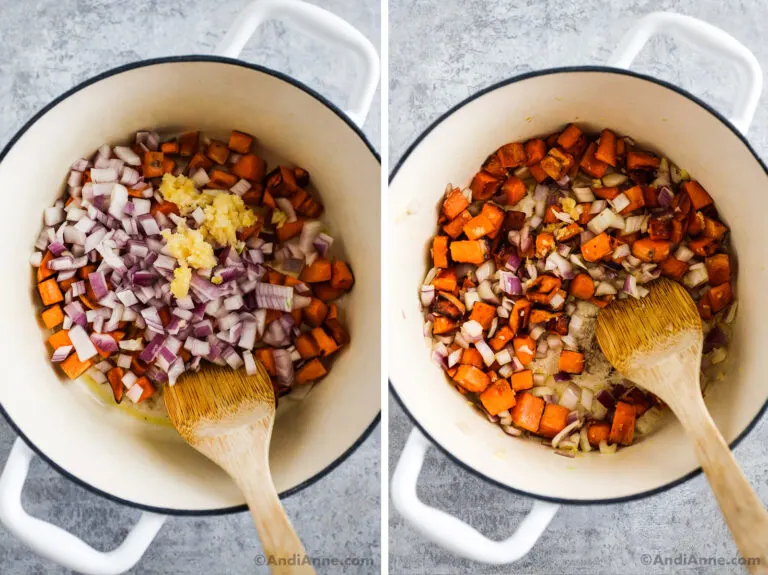 Two images of a white pot, first with raw chopped onion and minced garlic dumped over cooked sweet potato cubes. Second everything is mixed together and cooked.
