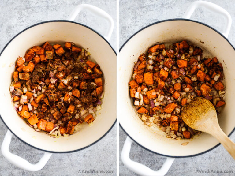 Two images of a white pot, first is spices dumped on top of chopped sweet potatoes. Second is ingredients mixed together.