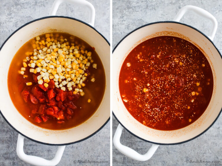 Two images, first is corn, diced tomatoes, tomato puree in white pot. Second is tomato mixture in white pot stirred together.
