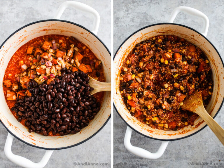 Two images of a white pot. First is black beans and sweet potato mixture dumped in. Second is finished quinoa chili recipe in pot with wood spoon.