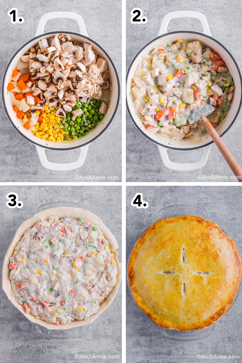 Four images, first with chopped ingredients dumped in a white pot. Second with potatoes and vegetables mixed in a creamy sauce in the same pot. Third is raw pie crust in a pie pan with filling inside. Fourth image is cooked pie with a golden crust.