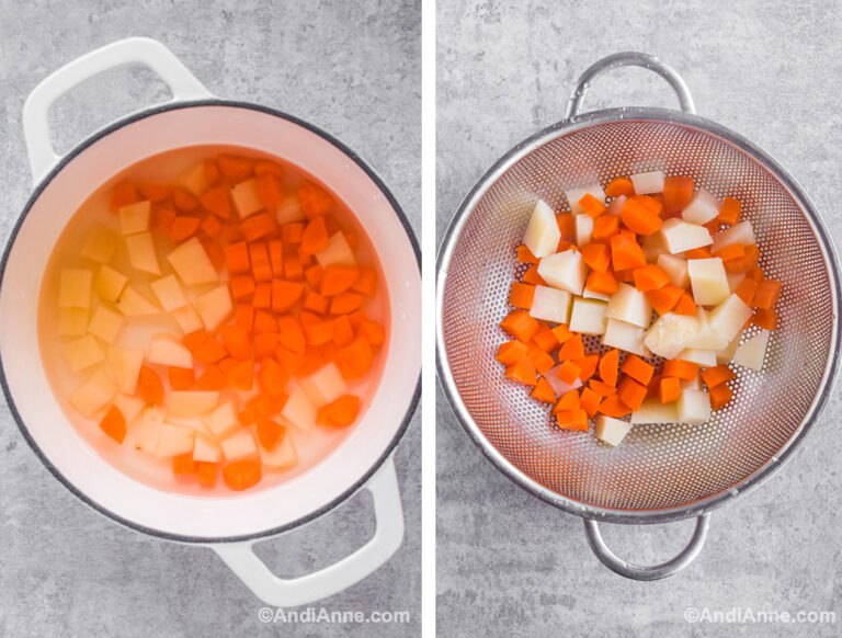 Two images, first is white pot with water, chopped carrots and potatoes. Second is strainer with carrots and potatoes.