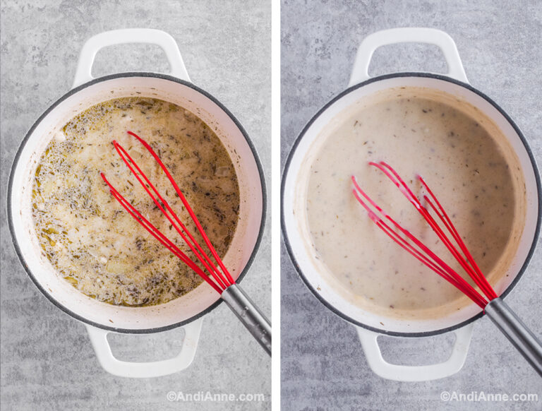 Two images of white pot with red spatula. First with gravy sauce ingredients. Second with thickened gravy ingredients.