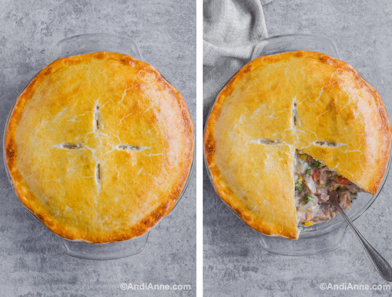 Two images of top of baked turkey pot pie. One with slice cut out and spoon inside where you can see the filling.