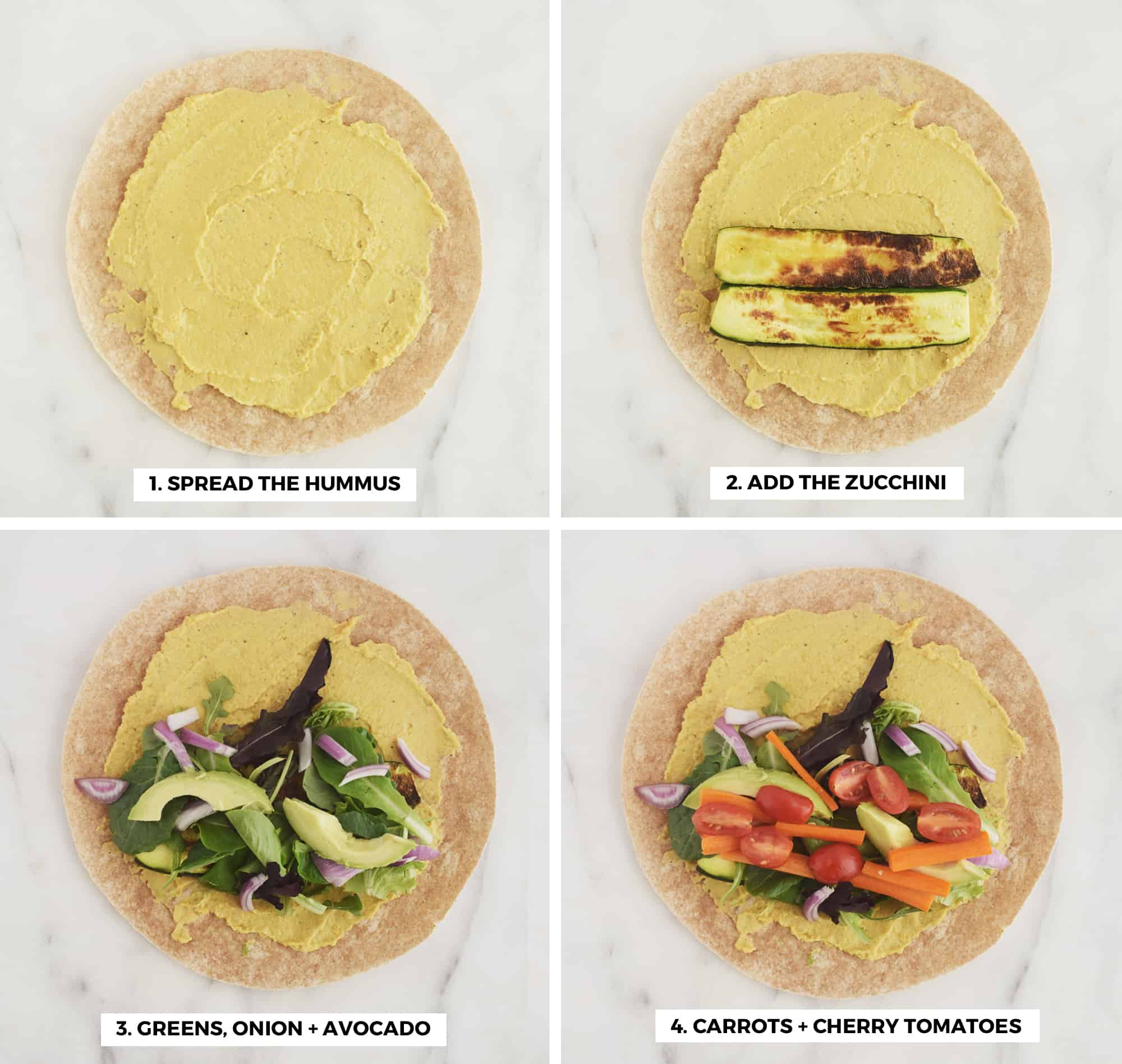 The four steps for making a grilled zucchini hummus wrap, spread the hummus, add the grilled zucchini, greens, onion, avocado, carrots, and cherry tomatoes.