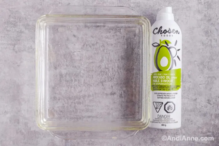 Glass square baking dish and nonstick cooking spray.