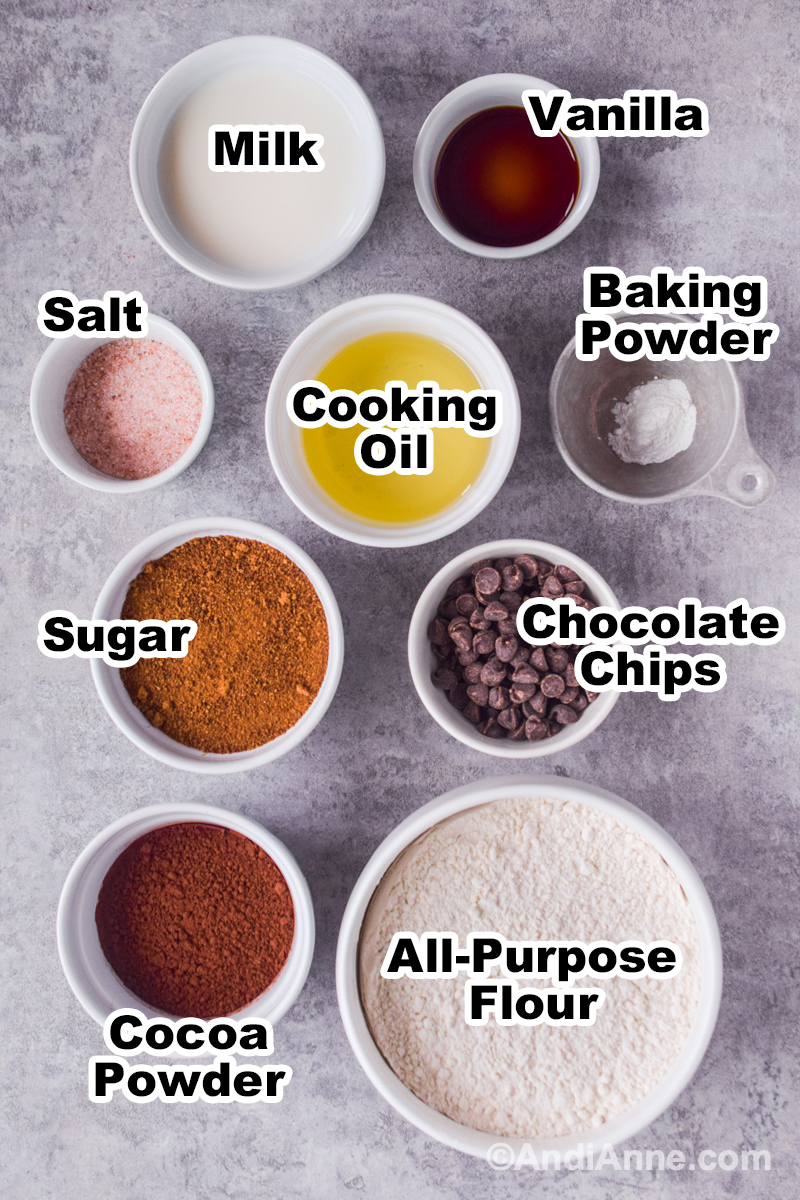 Recipe ingredients on a counter including bowls of milk, vanilla, oil, sugar, salt and chocolate chips.