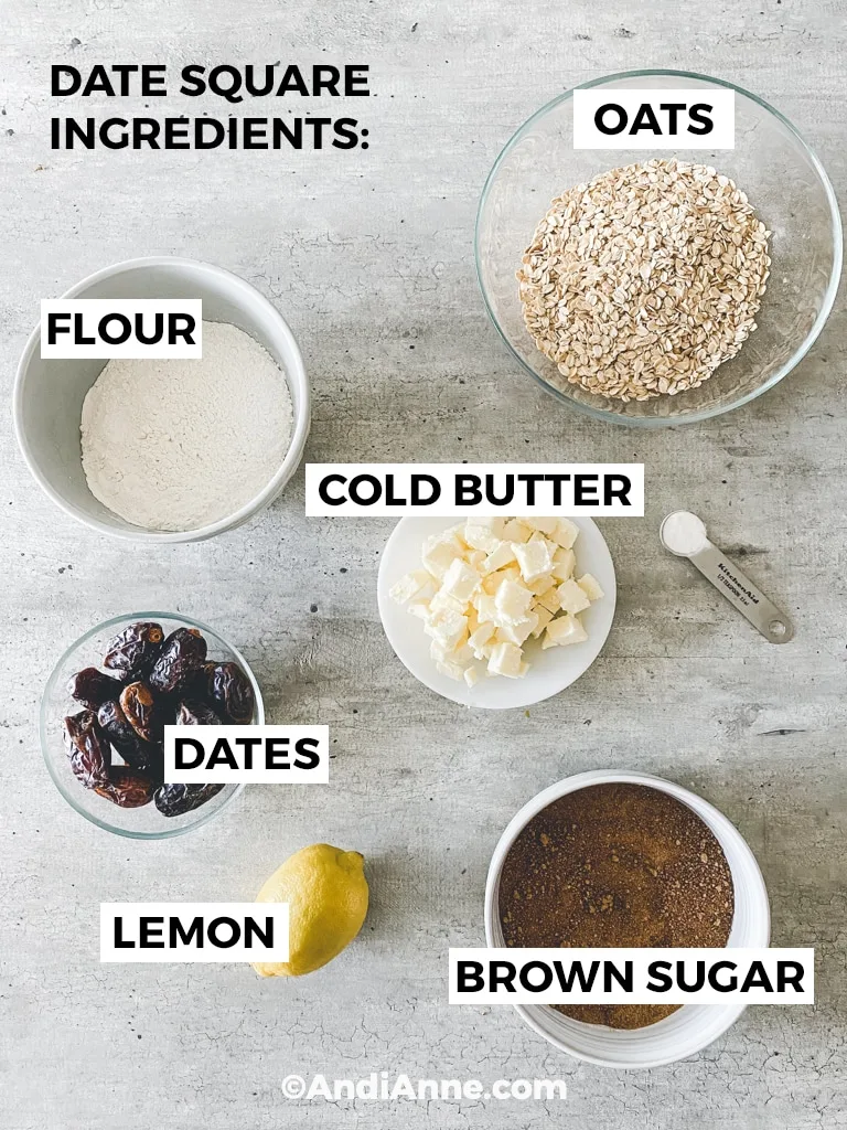 all date square ingredients in bowls separately on a grey countertop