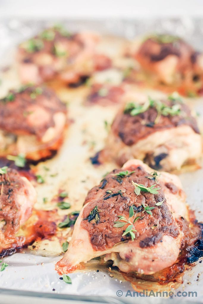 Dijon thyme baked chicken thighs close up detail
