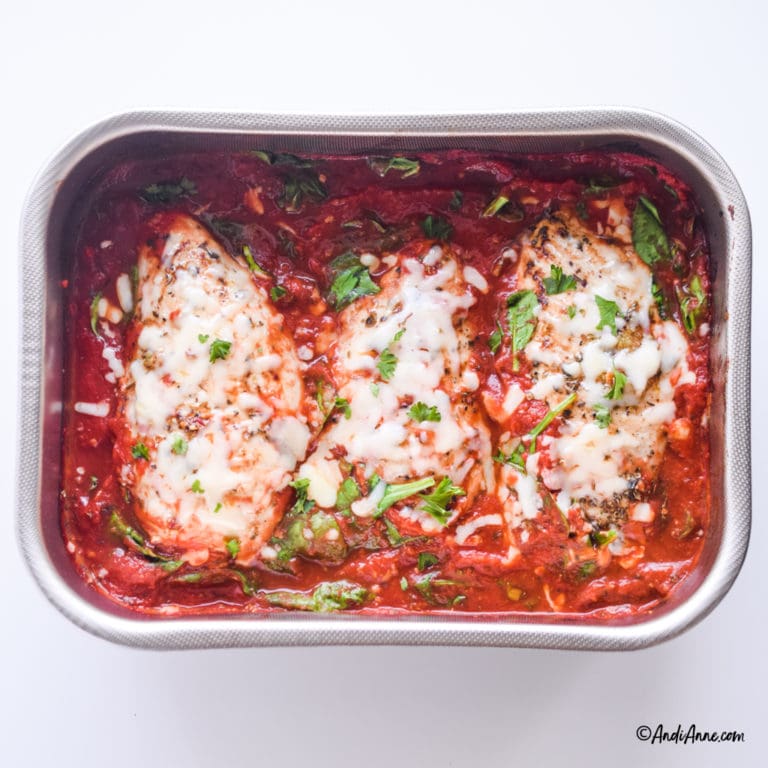 cooked mozzarella chicken in tomato sauce recipe in casserole dish