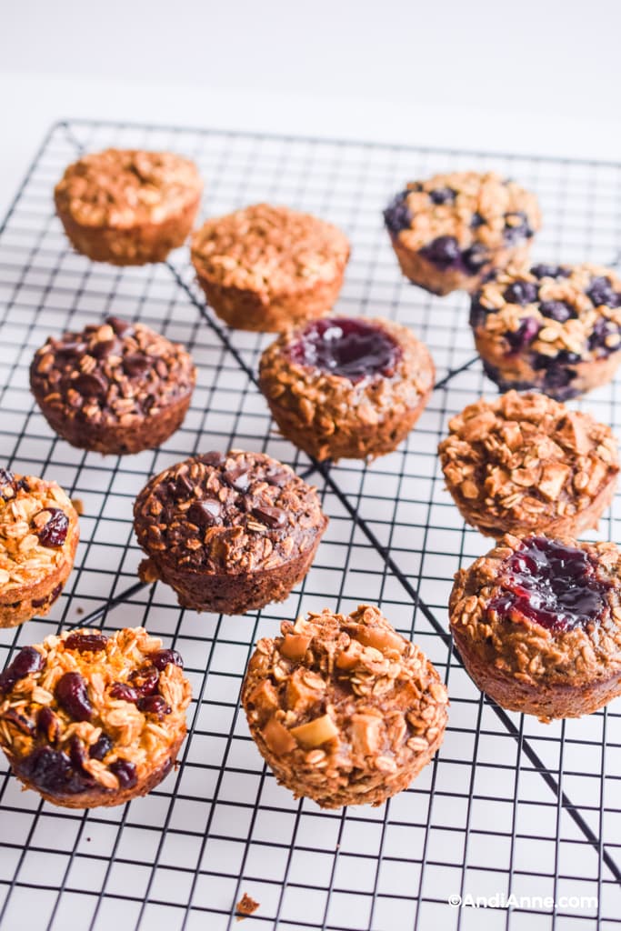 baked oatmeal breakfast cups on a black cooling rack