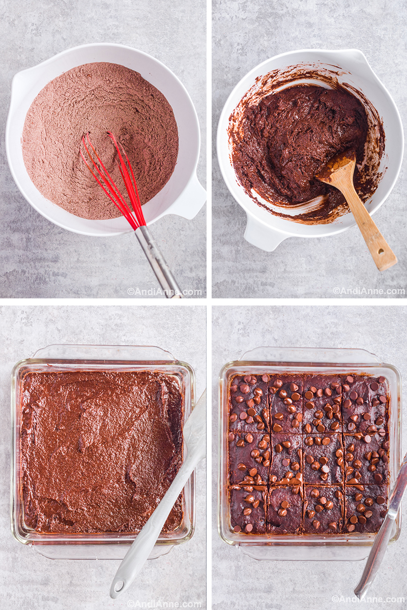 Four images showing steps to make recipe: first a bowl of dry ingredients and whisk, second is brownie batter with spatula, third is wet brownie ingredients in square glass dish, four is baked brownies sliced into squares in glass dish.