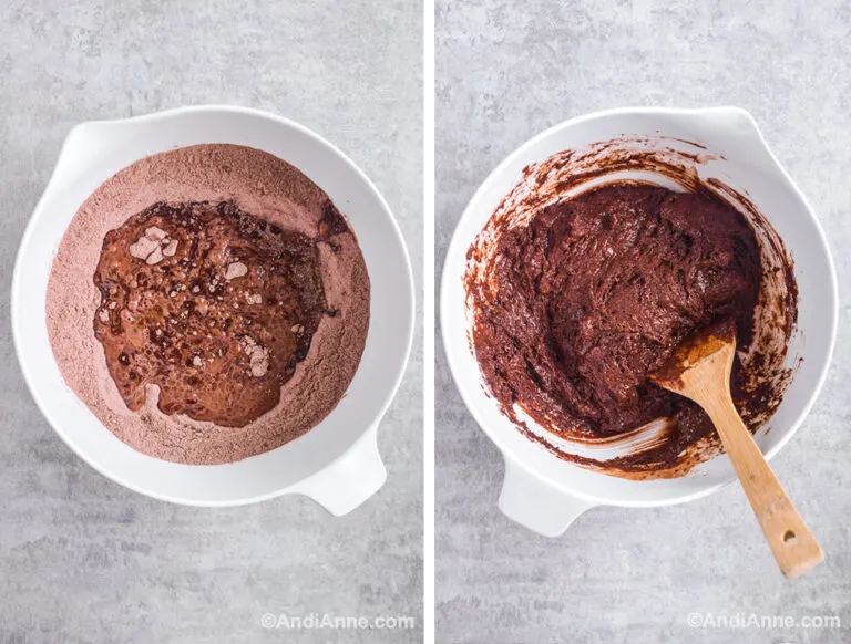 Two images of white bowl: First with dry ingredients and wet ingredients poured in center, second image with brownie batter in bowl and spatula.