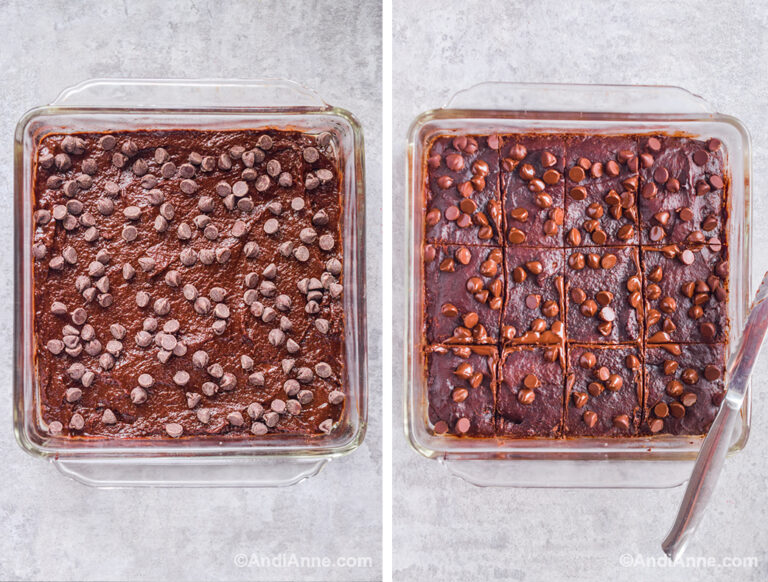 Two images of glass dish: first with uncooked brownies and chocolate chips on top, second with cooked brownies sliced and a knife beside.
