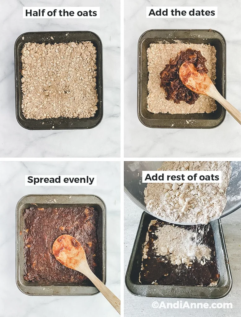 Adding oat mixture to square baking pan. Then pouring date sauce over top. 