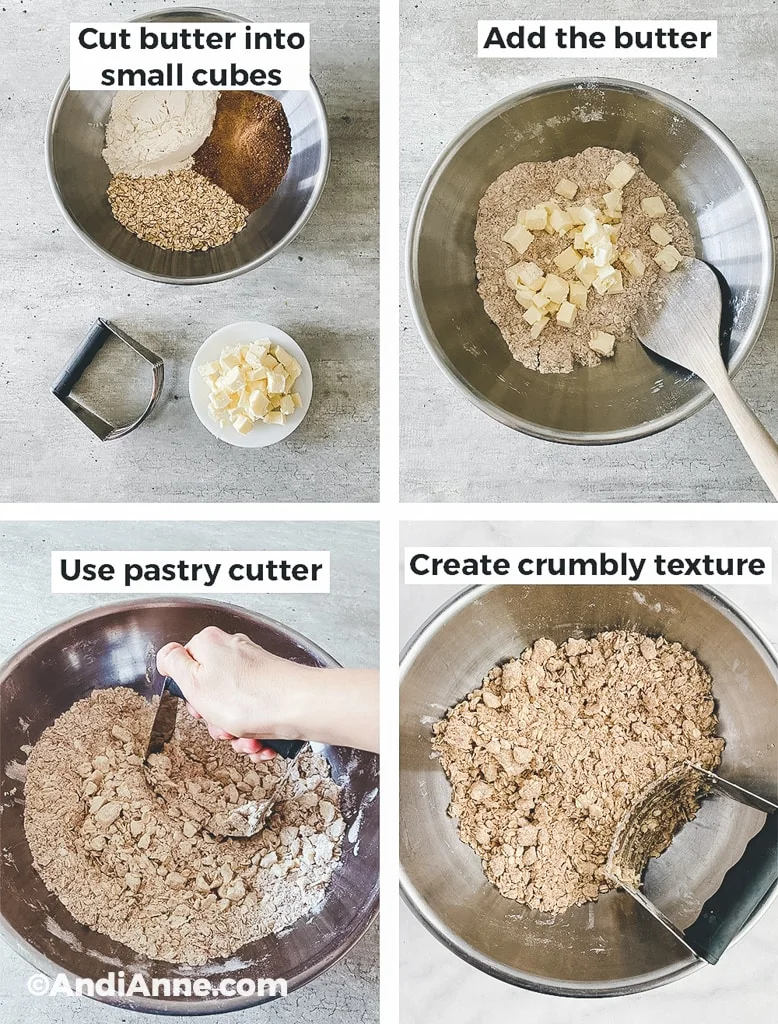 oat mixture ingredients in steel bowl with wooden spoon. Using pastry cutter to create crumbly texture