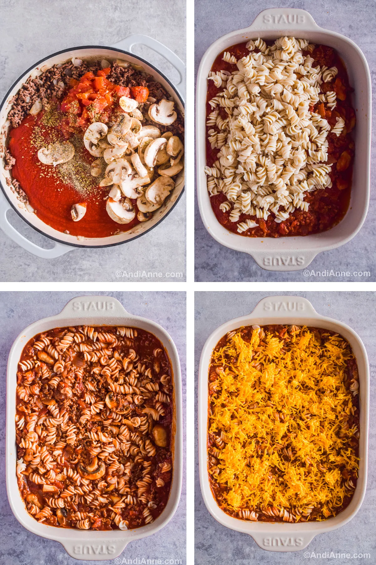 Four images grouped together showing steps to make the recipe. First is a large pot with sliced mushrooms, ground beef, tomatoes spices and tomato sauce. Second is a casserole dish with tomato sauce and cooked spiral noodles on top. Third is Ingredients mixed together. Fourth is shredded cheddar cheese sprinkled on top of the casserole recipe. 