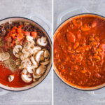 Two images of a pot. First with mushrooms, tomato sauce, diced tomatoes and spices dumped over ground beef. Second with sauce ingredients mixed together.