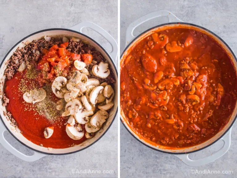 Two images of a pot. First with mushrooms, tomato sauce, diced tomatoes and spices dumped over ground beef. Second with sauce ingredients mixed together.