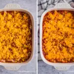 Two images of a casserole dish. First with shredded cheese on top of hamburger casserole. Second is melted cheese on hamburger casserole recipe in white dish.