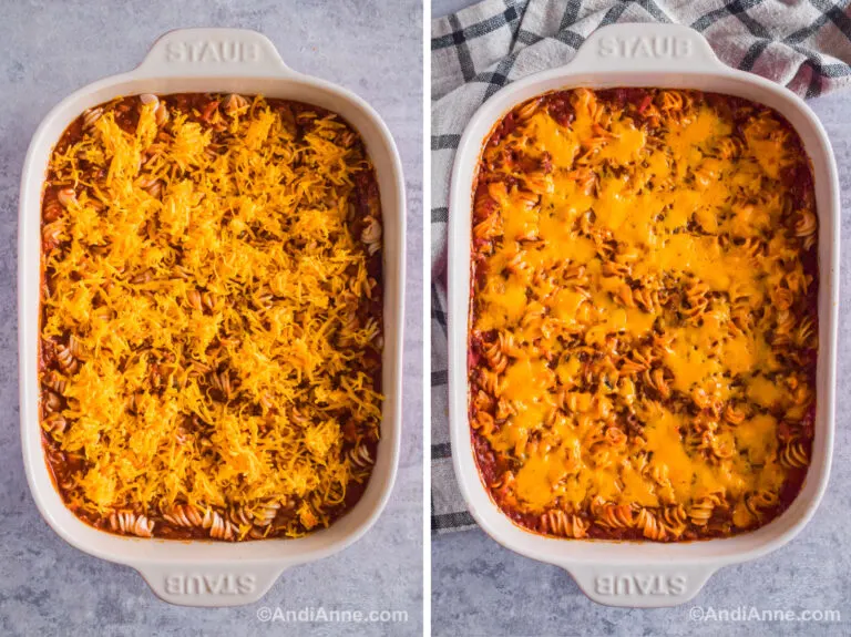 Two images of a casserole dish. First with shredded cheese on top of hamburger casserole. Second is melted cheese on hamburger casserole recipe in white dish.