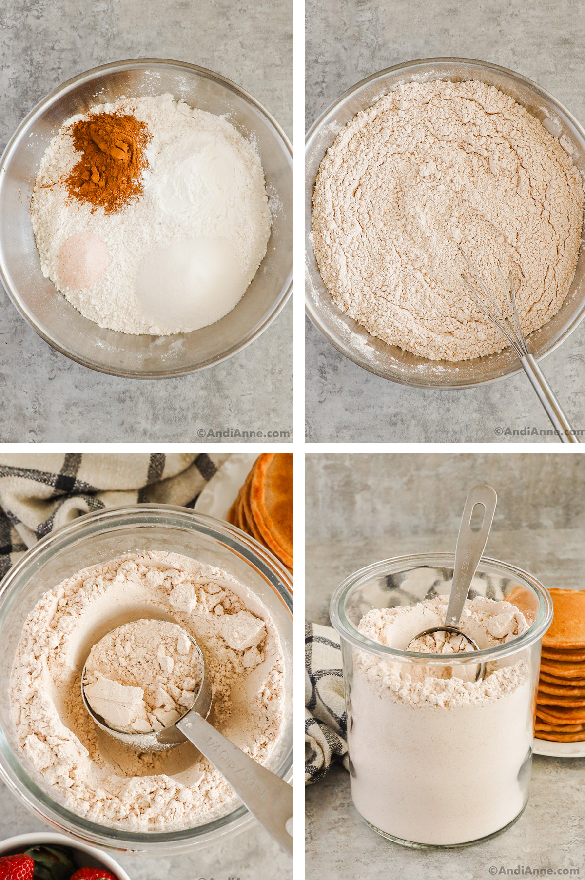 Four images grouped together. First two are bowls of dry ingredients unmixed and then mixed together, Second and third are a jar of dry pancake mix and a measuring scoop. 