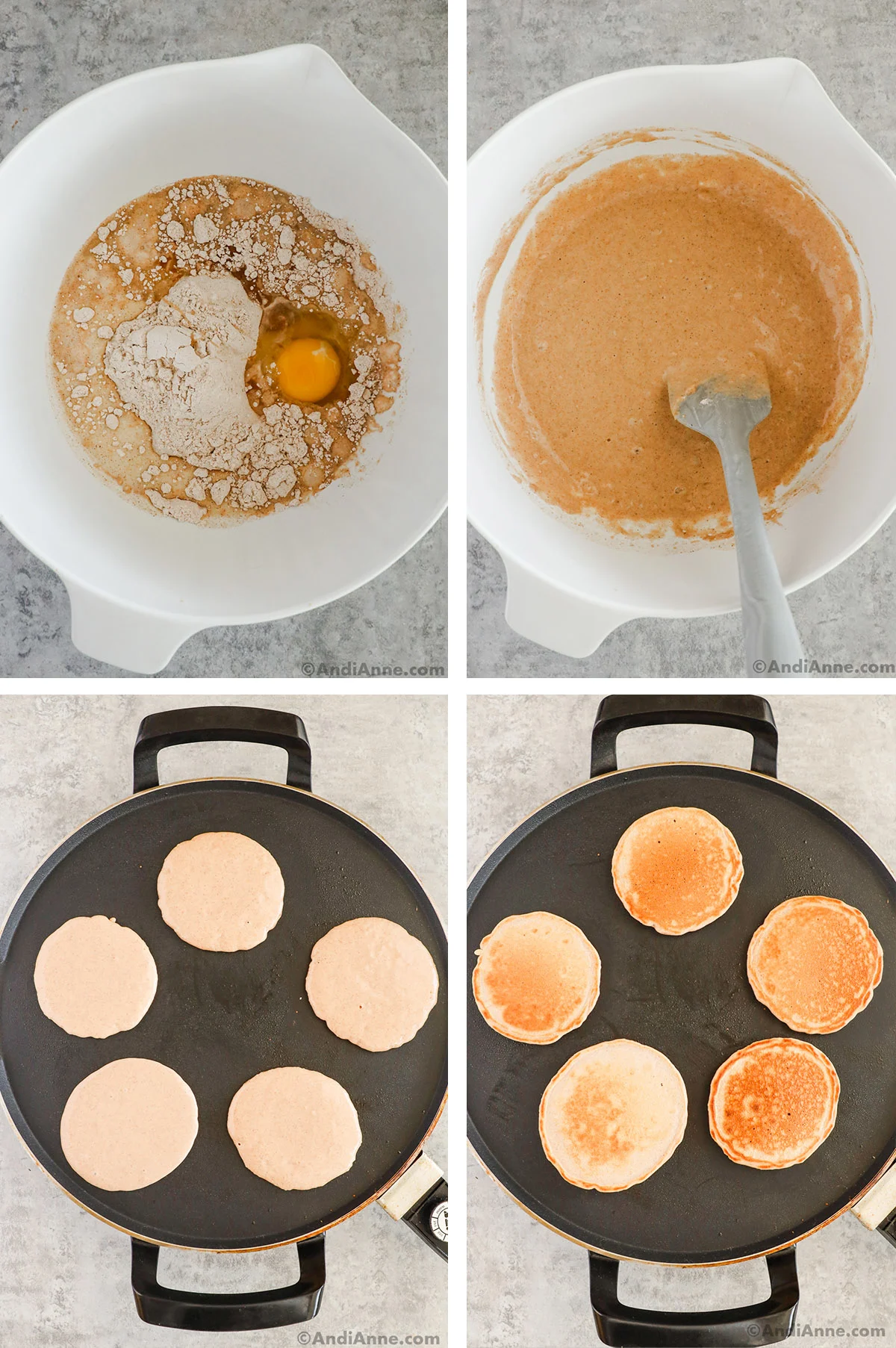 Four images grouped together. First two are a bowl with pancake ingredients unmixed and then mixed. Second two are a skillet, first with uncooked pancakes and then with golden brown pancakes.