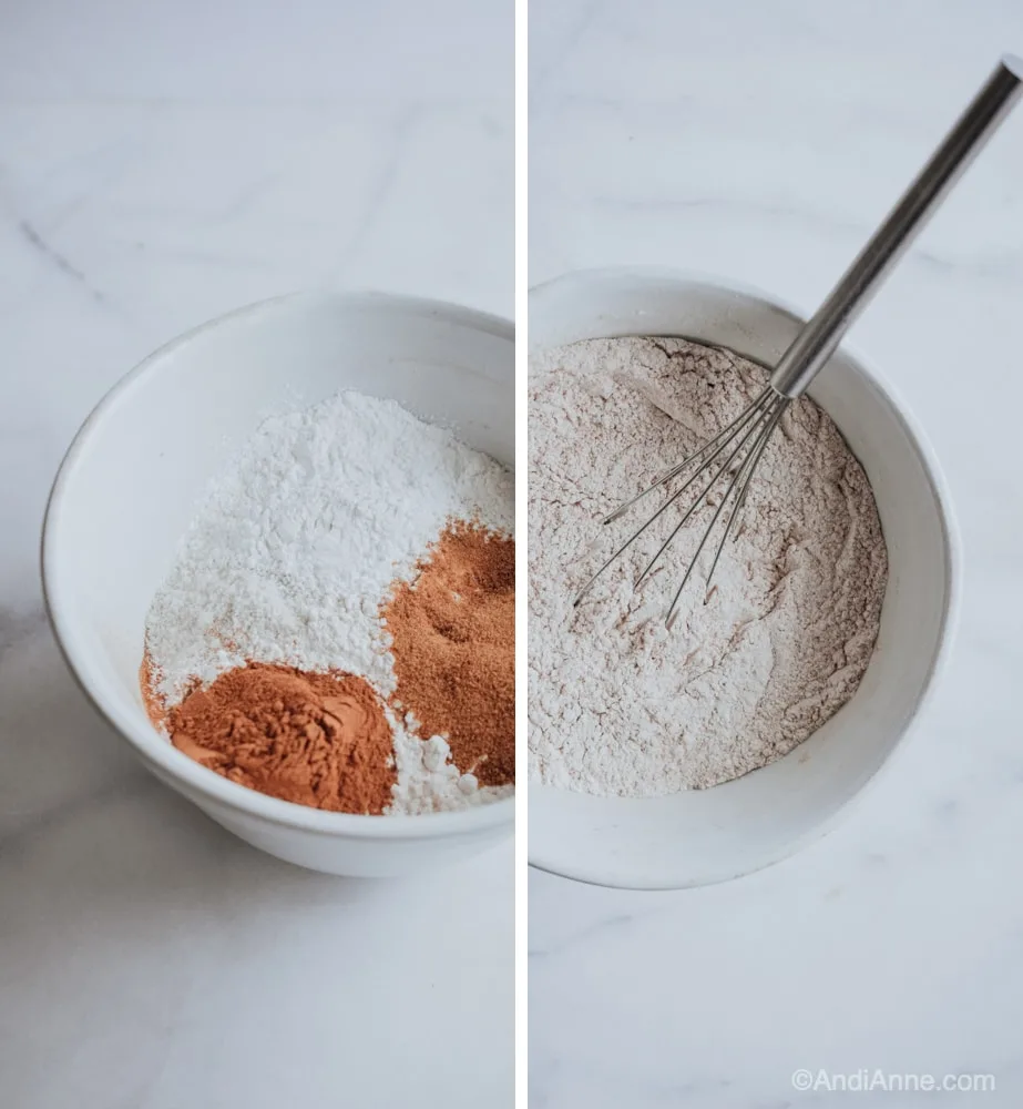 mixing flour ingredients in a white bowl with whisk