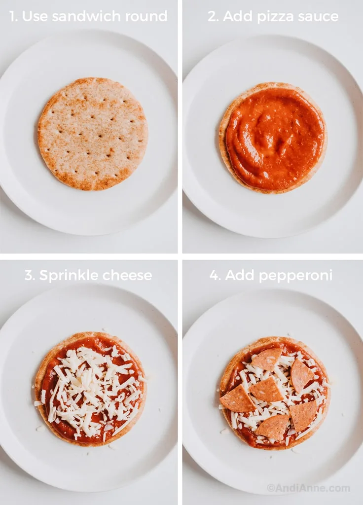 Assembling the homemade pizza lunchables on a white plate