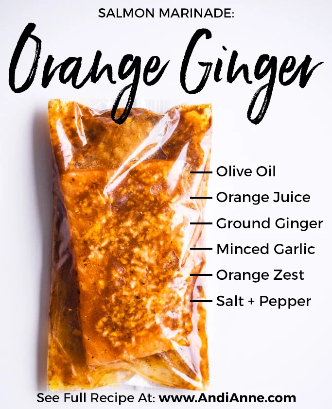 orange ginger salmon marinade in plastic bag with ingredients text on image