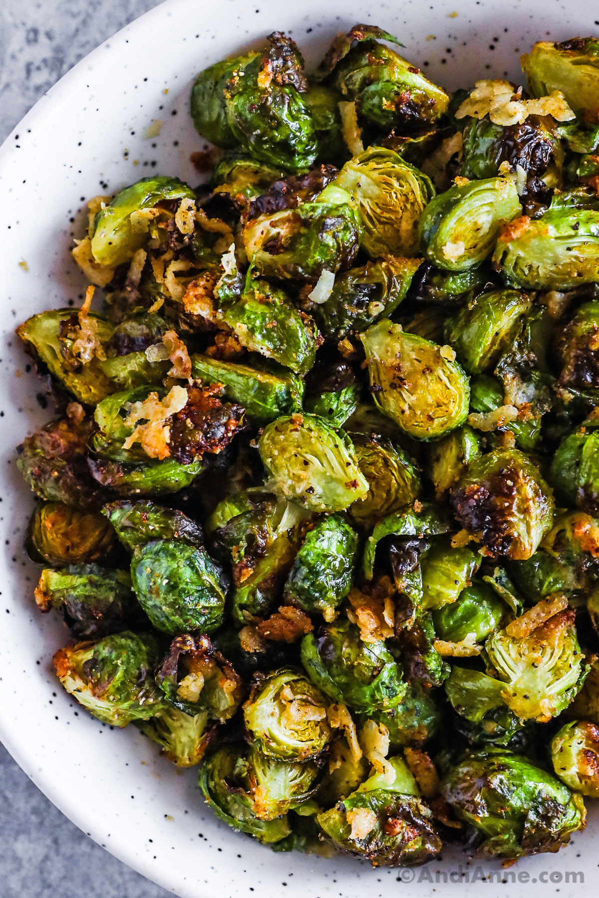 Close up of crispy air fryer brussels sprouts.